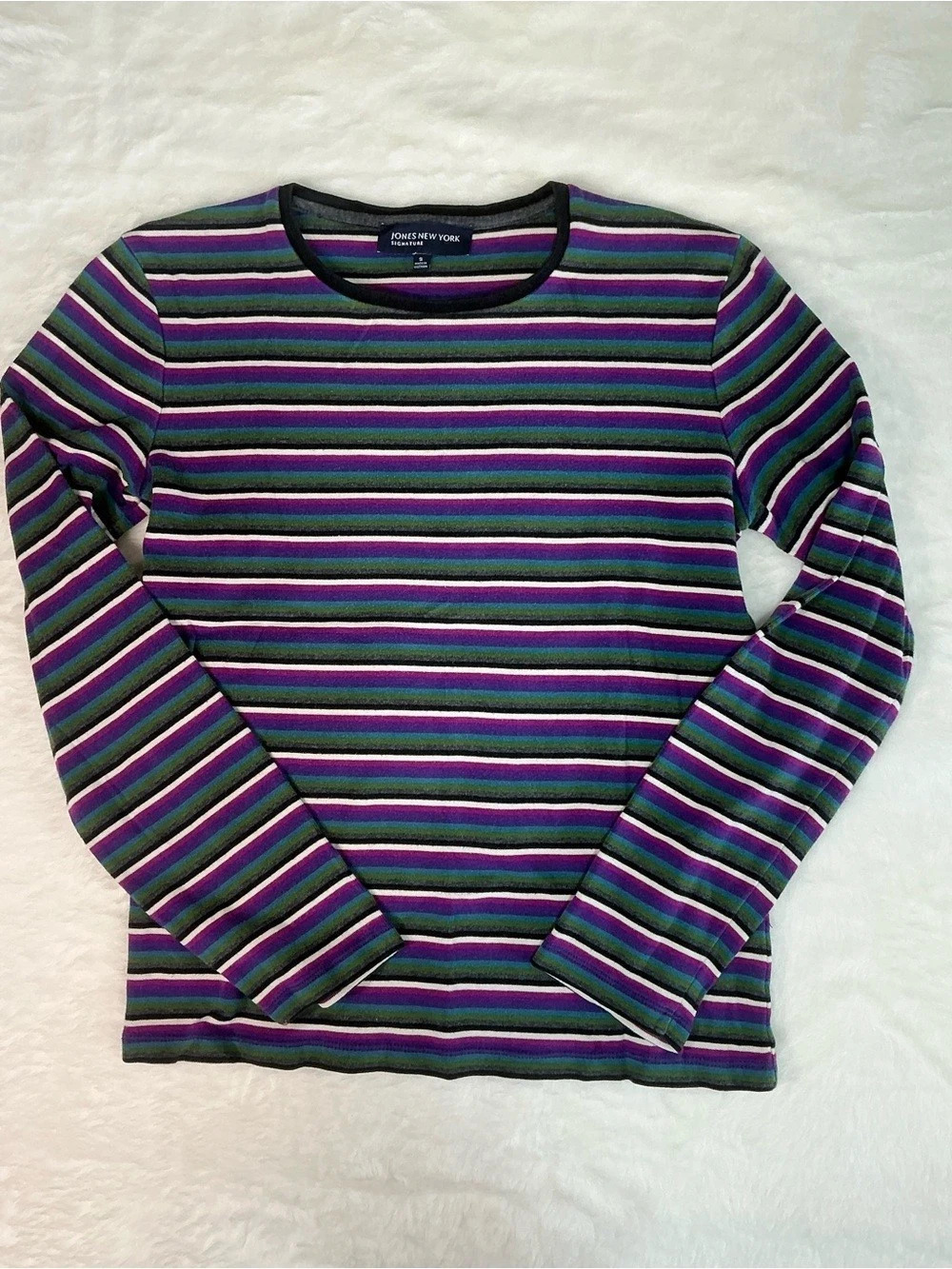 Jones New York Striped Long Sleeve Top in Purple & Green Size Medium